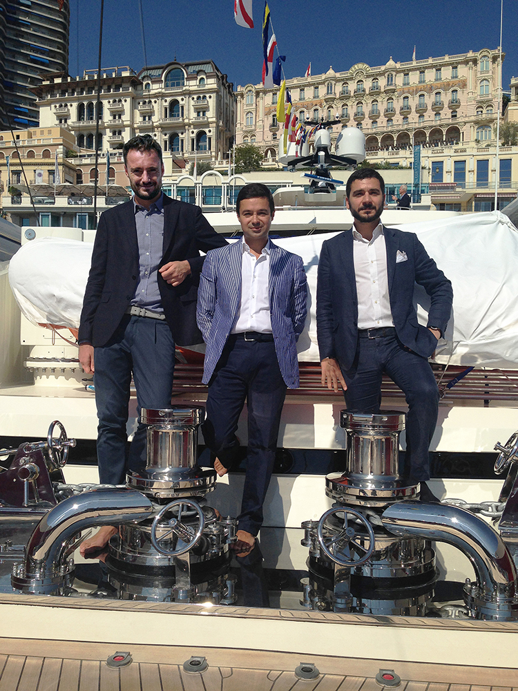 Hot Lab's team on board the Mondomarine yacht Ipanema at the MYS 2016. From left to right: Michele Dragoni, Antonio Romano and Enrico Lumini.