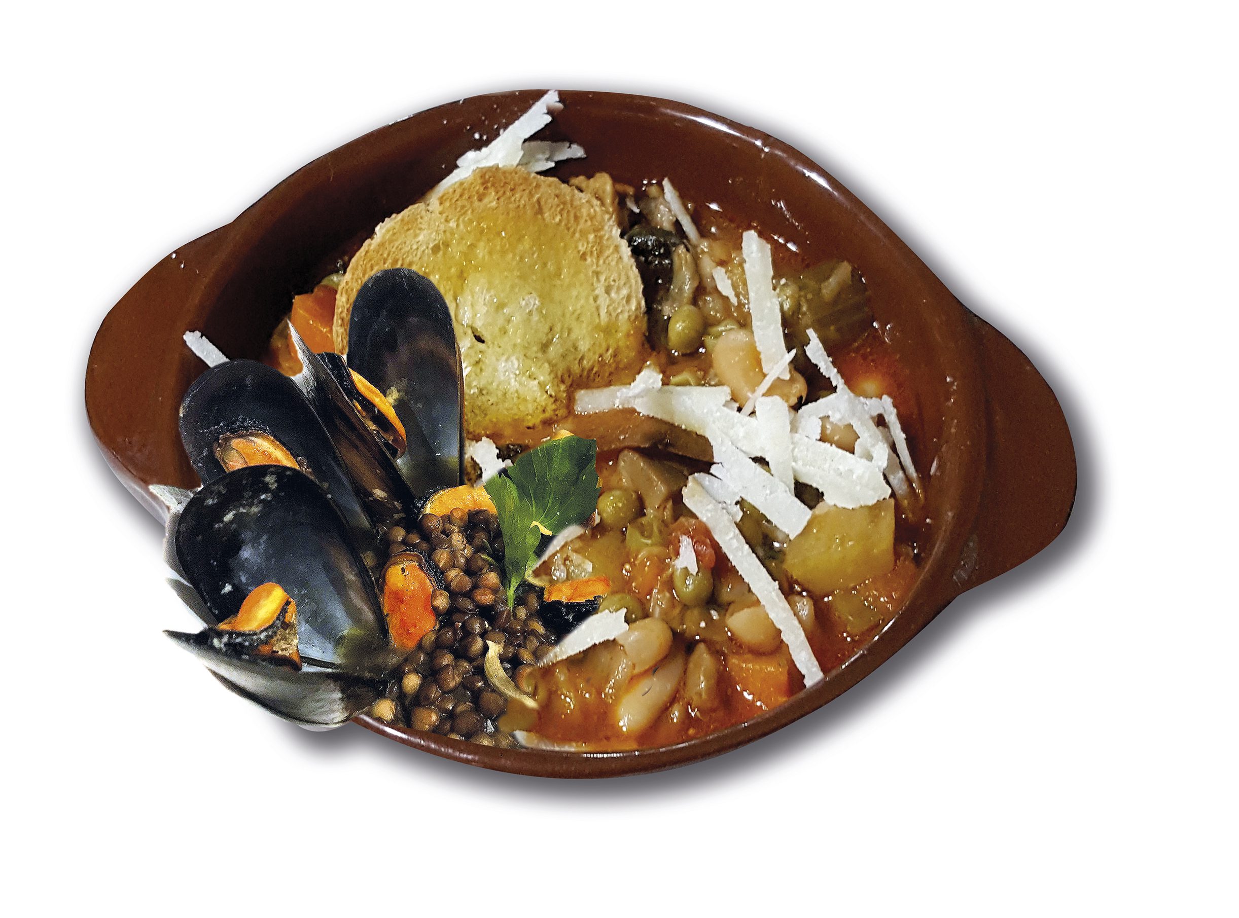zuppa-lenticchie e cozze-crostone
