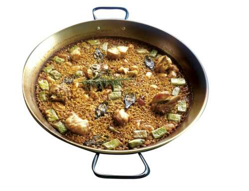 Paella, carciofi, cozze e pollo